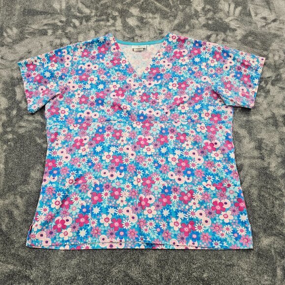 Ready 2 Wear Medical Scrub top womens large blue pink floral print nurse SS - Picture 1 of 15